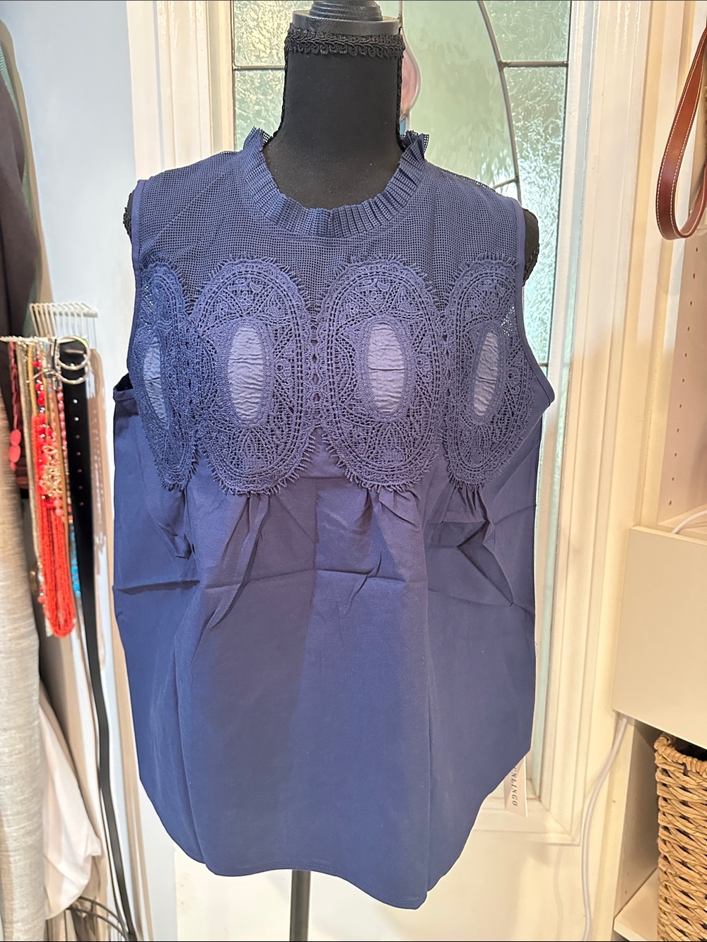 Sleeveless Navy Lace Yoke Women's Top